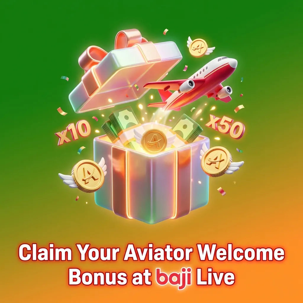 Baji Live welcome bonus promotion for Aviator game showing 100% first deposit bonus with instant credit activation