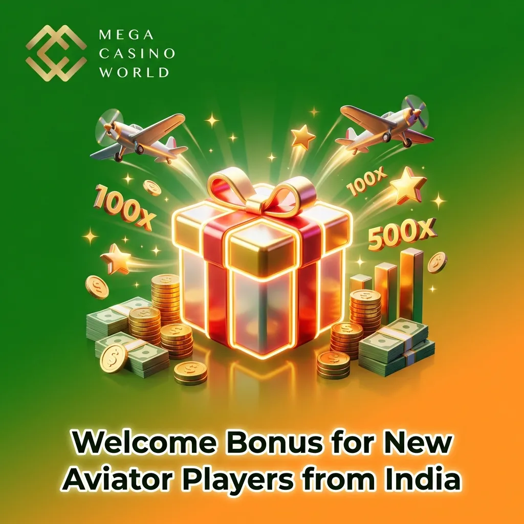 Mega Casino World welcome bonus offer showing 100% match up to ₹25,000 for new Aviator players from India