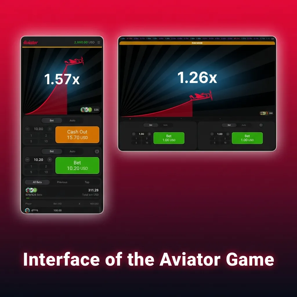 Aviator game interface showing plane flight path, multiplier display, live player bets feed, and betting controls at bottom
