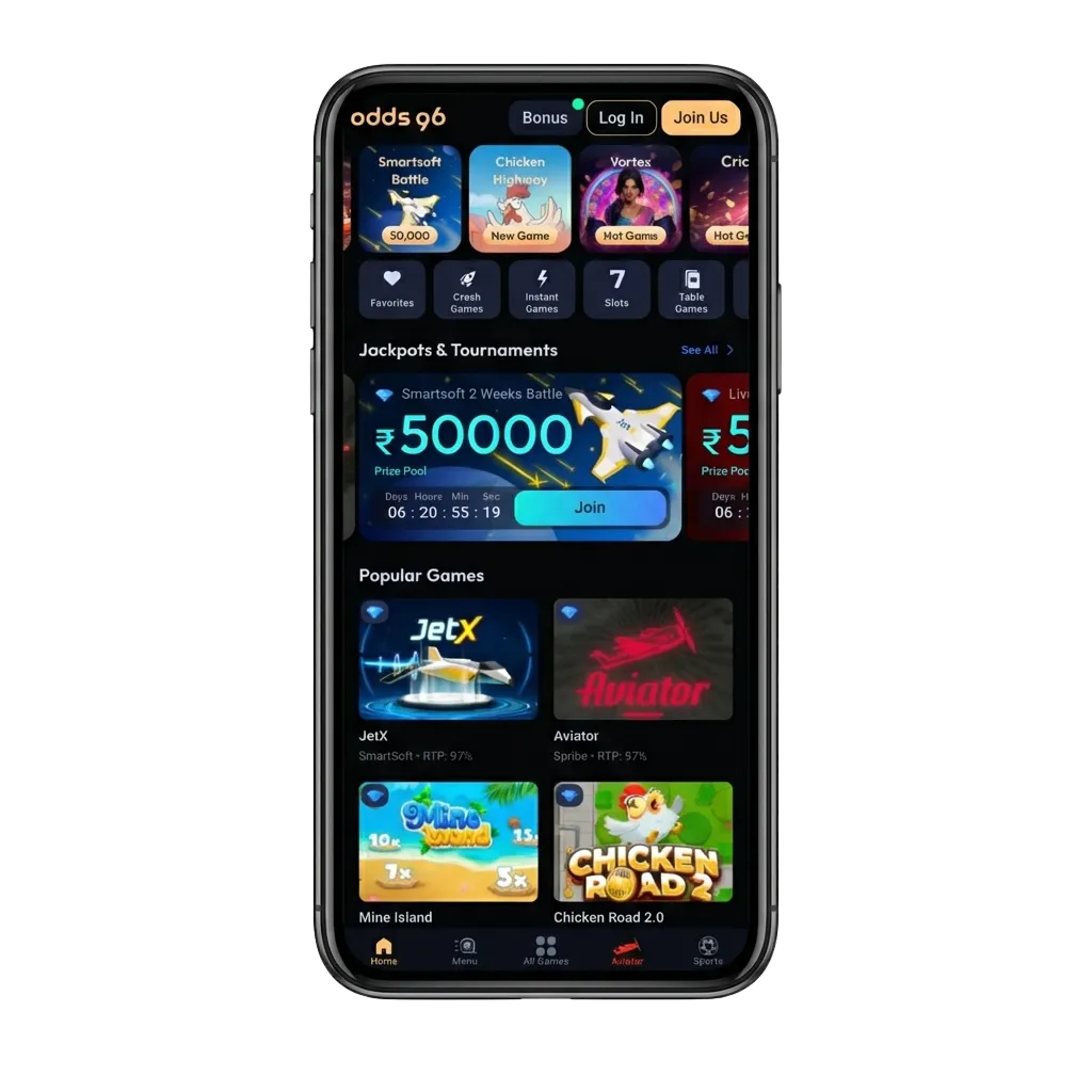 Aviator mobile app interface on smartphone showing gameplay options for Android and iOS users in India