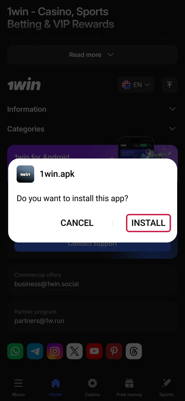 Run the installer to complete Aviator app setup on 1win.