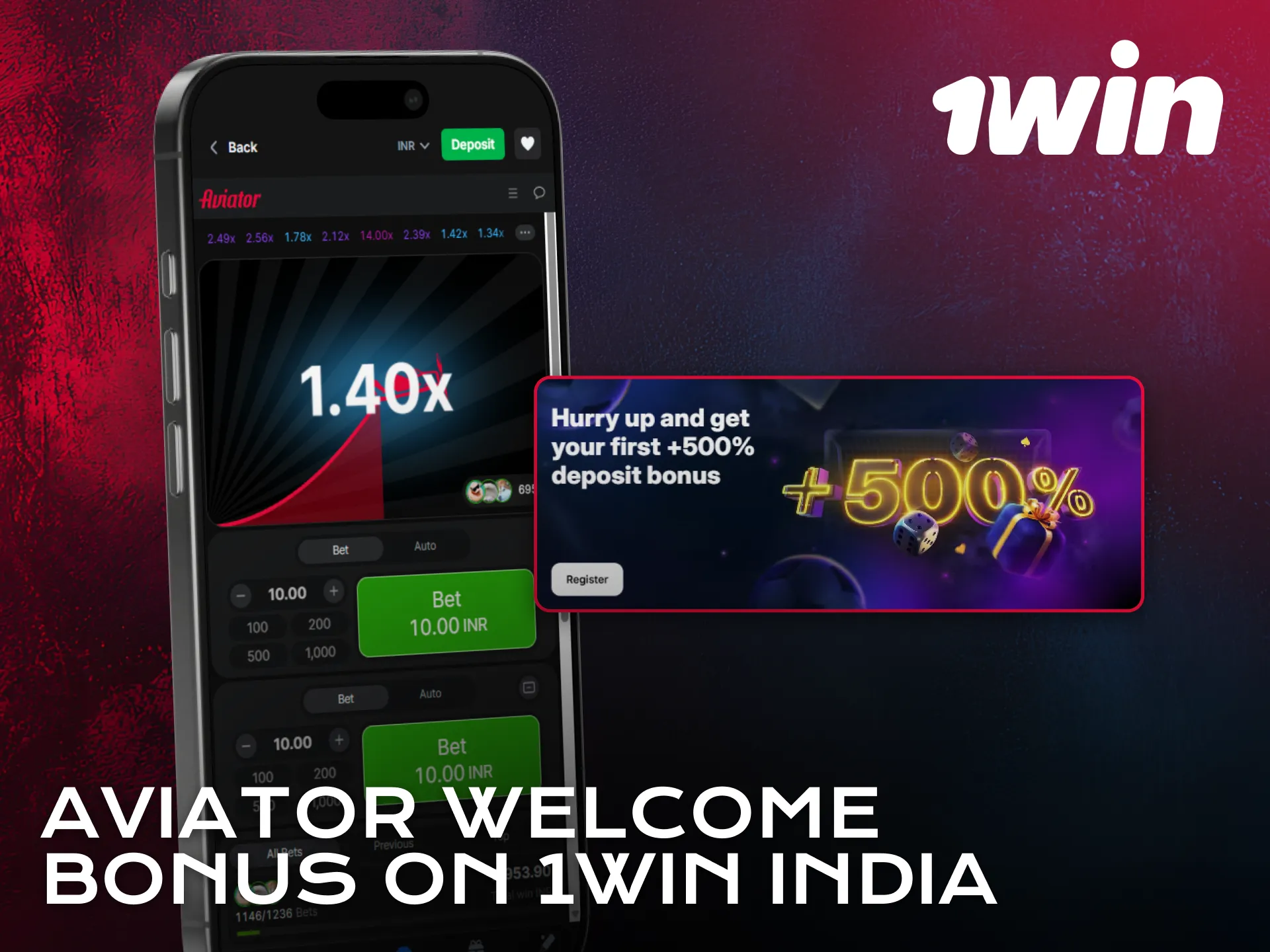 Claim Aviator welcome bonus on the 1win application in India.
