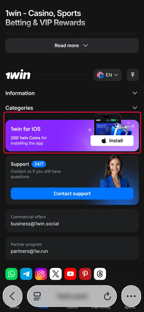 Find and tap the iOS button to install Aviator via 1win application.