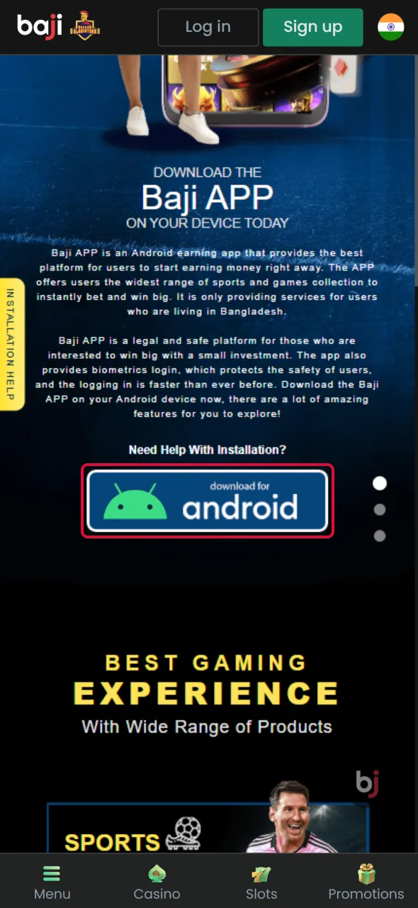 Locate the Android option to start Aviator setup in Baji Live application.