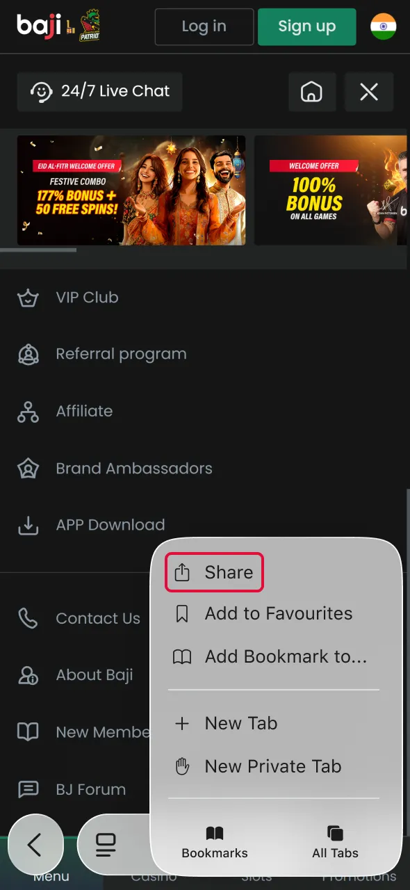 Access share menu to continue Aviator setup on Baji Live.