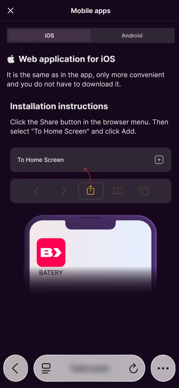 Select the iOS option to launch Aviator via Batery app.