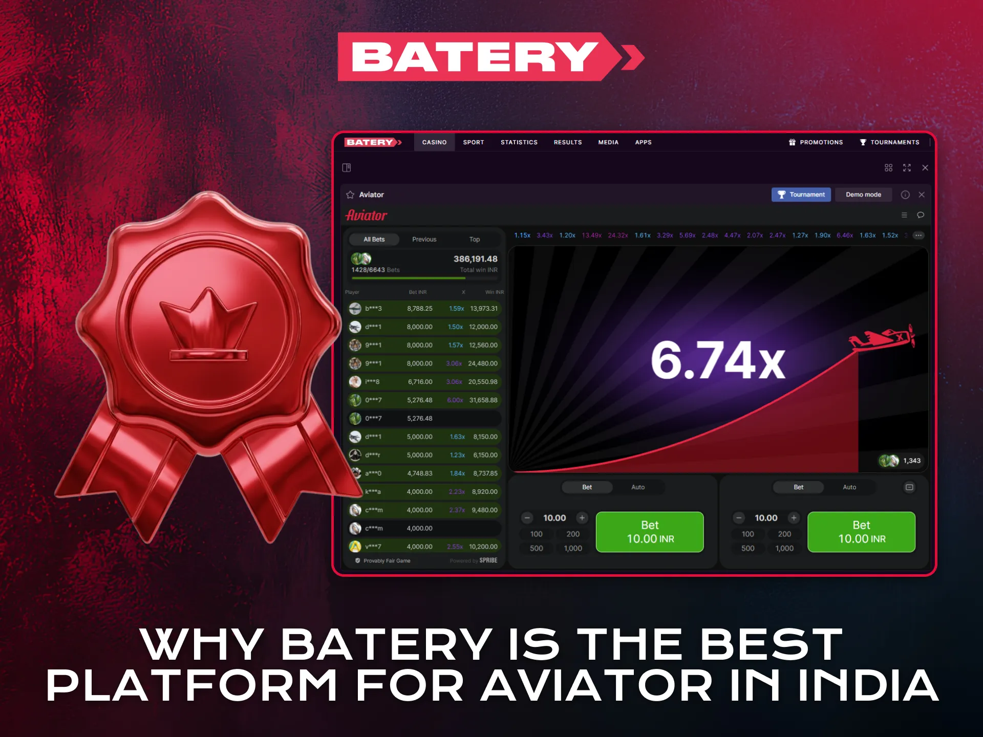 Choose Batery as the best platform to play Aviator in India.