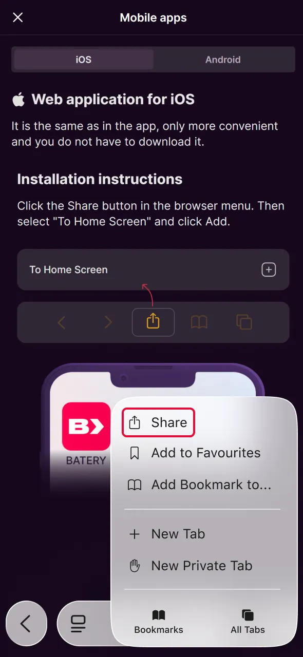 Access share settings to install Batery Aviator web app.