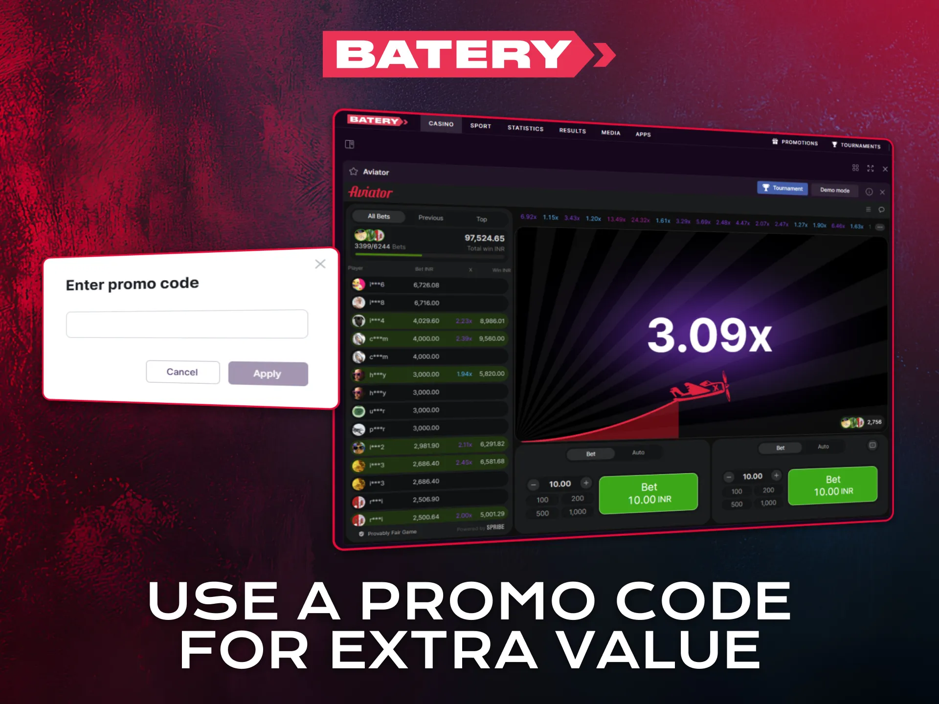 Use a Batery promo code to get extra value in Aviator.