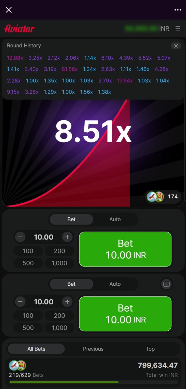 Analyze previous flight outcomes in the Aviator round history at Batery India.