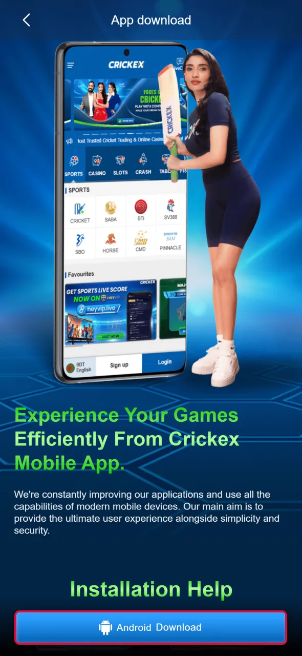 Tap the mobile app button to begin Aviator setup in Crickex application.