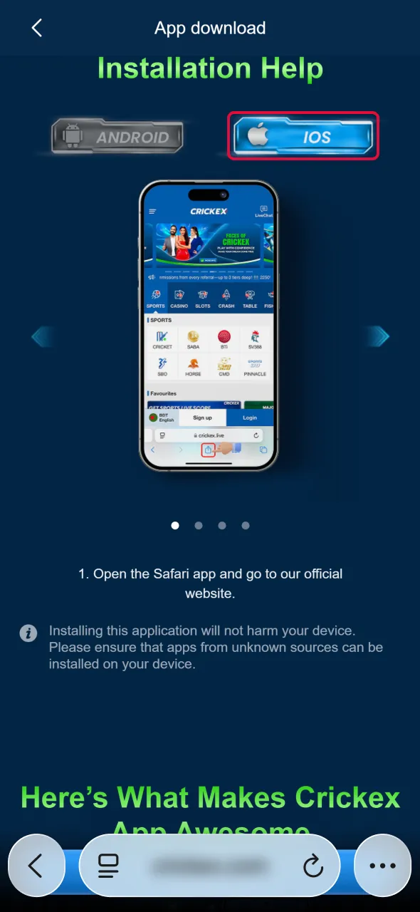 Navigate to the iOS download link to access Aviator on Crickex.