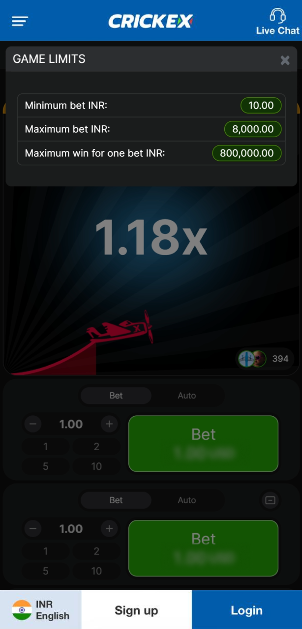 Review the minimum and maximum stakes in the Aviator game limits on the Crickex app.