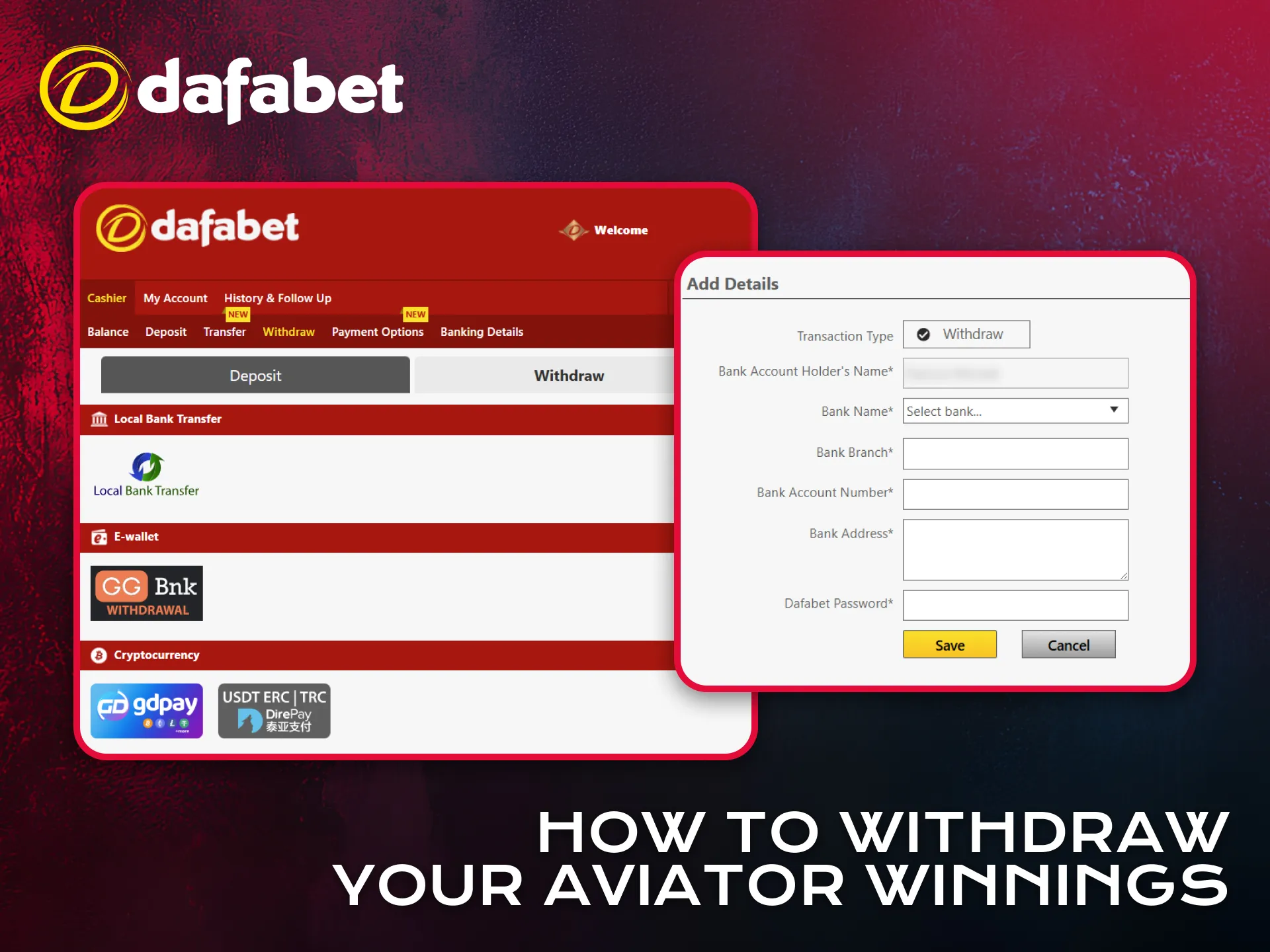 Withdraw your Aviator winnings quickly through Dafabet methods.