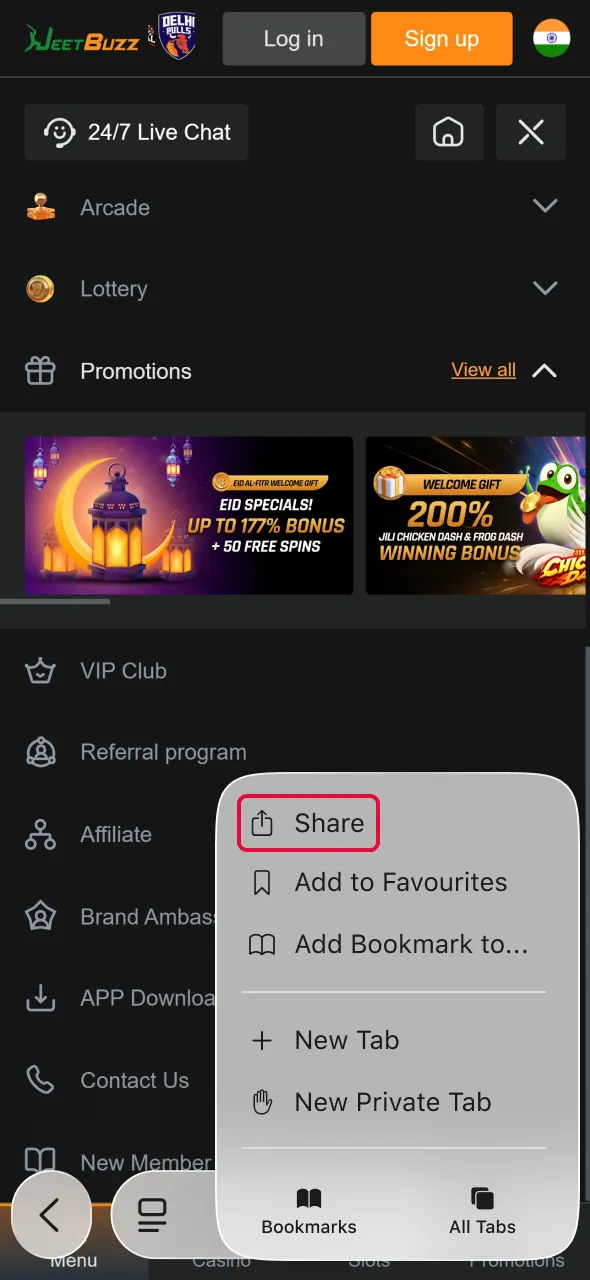 Access share settings to continue Aviator setup in Jeetbuzz application.