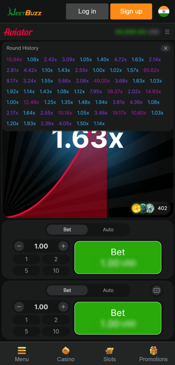 Track previous flight results in the Aviator round history at Jeetbuzz India.