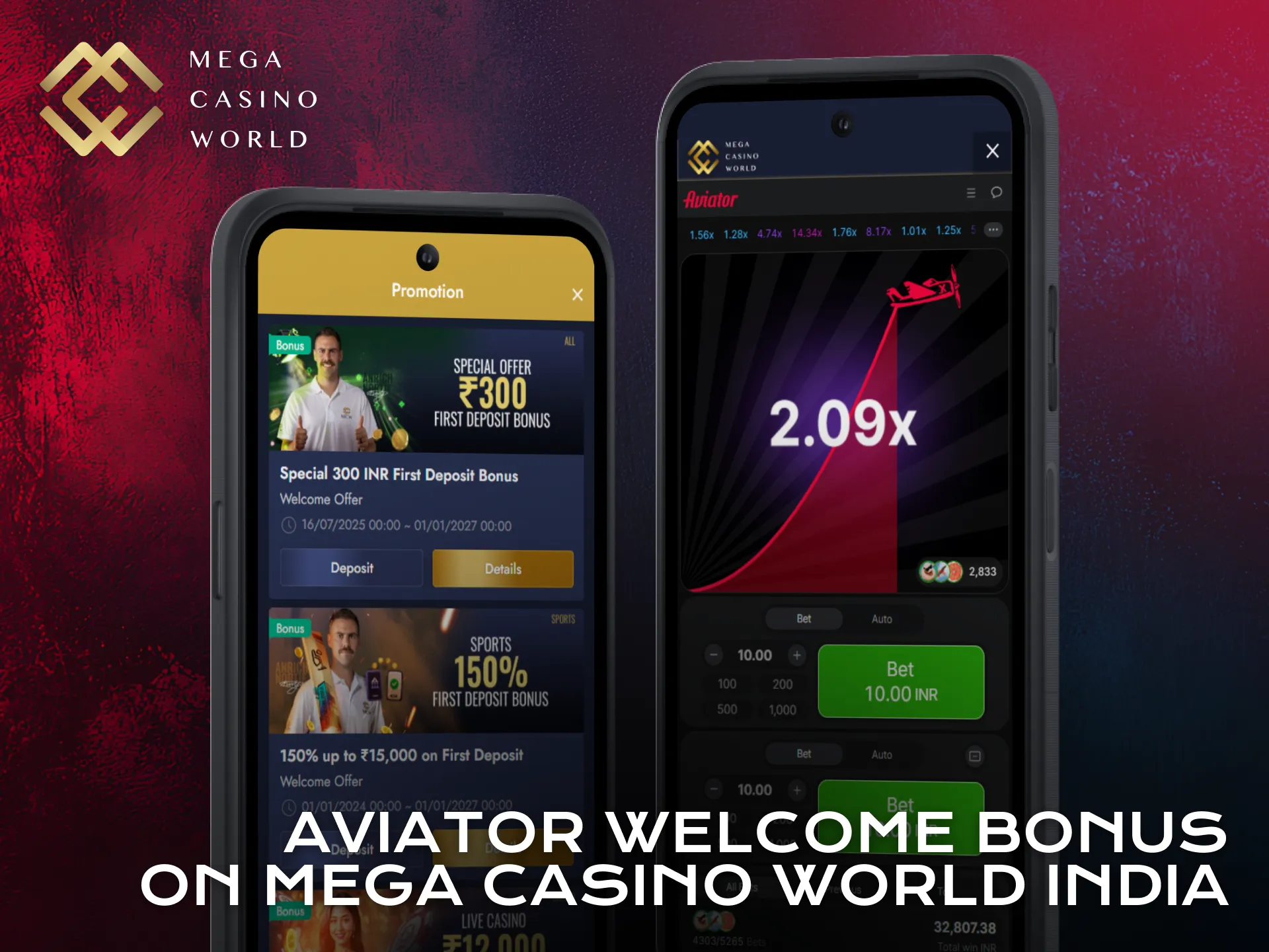 Claim Aviator welcome bonus using the Mega Casino World application in India.