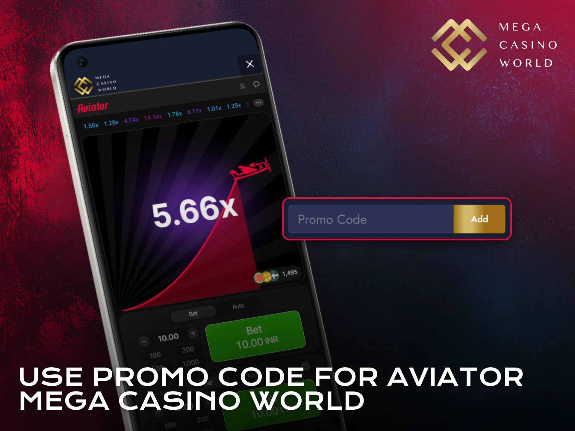 Apply promo code to boost Aviator rewards in the Mega Casino World app.