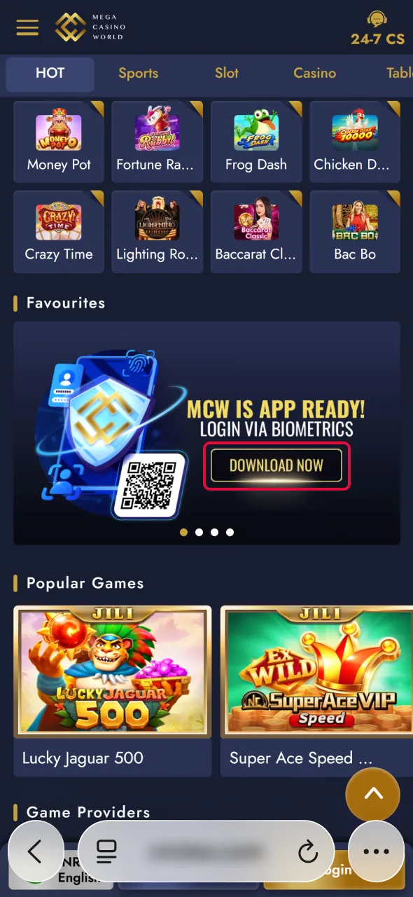 Locate the iOS button to install Aviator at Mega Casino World.