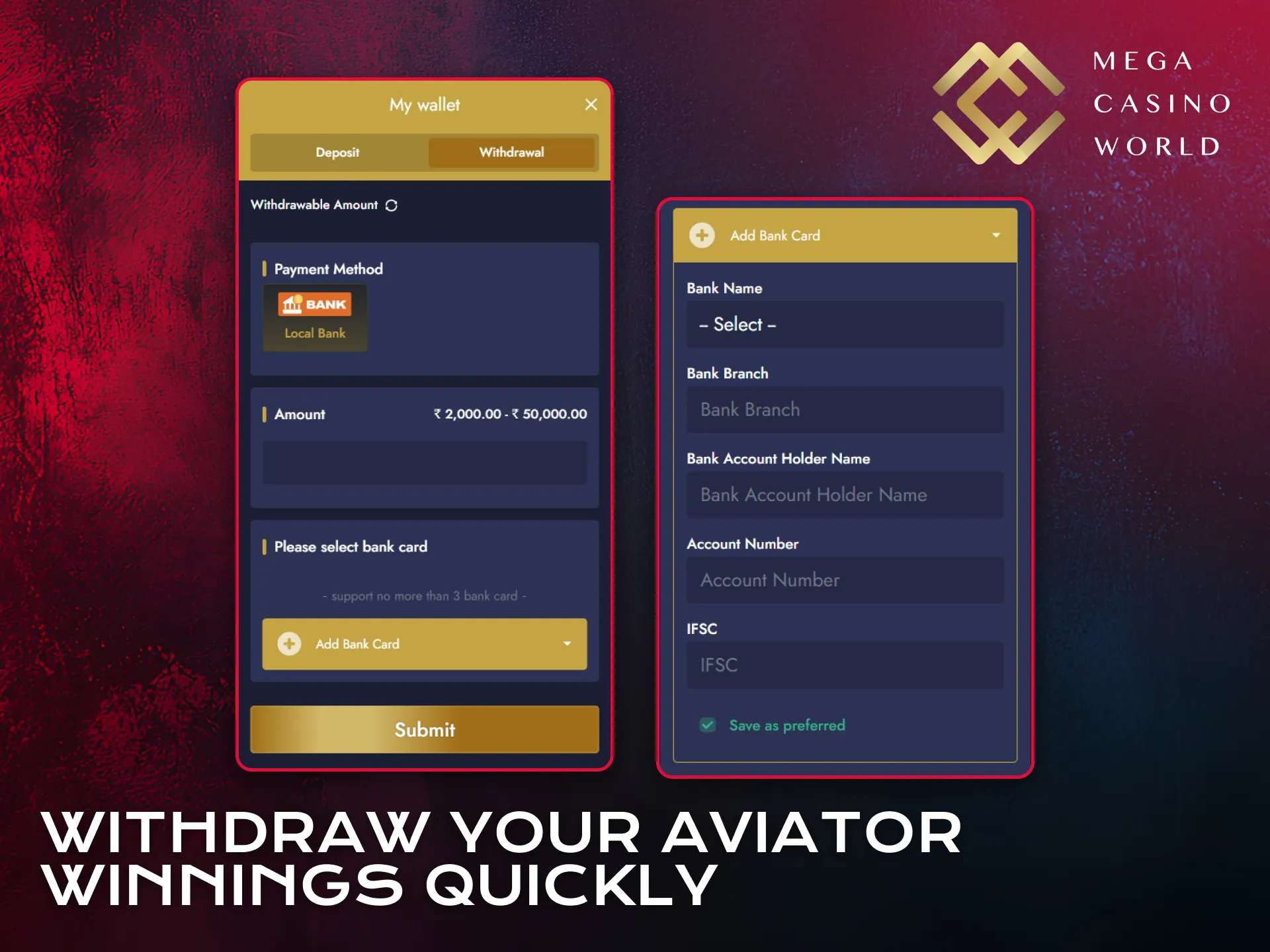 Withdraw your Aviator winnings quickly from Mega Casino World account.