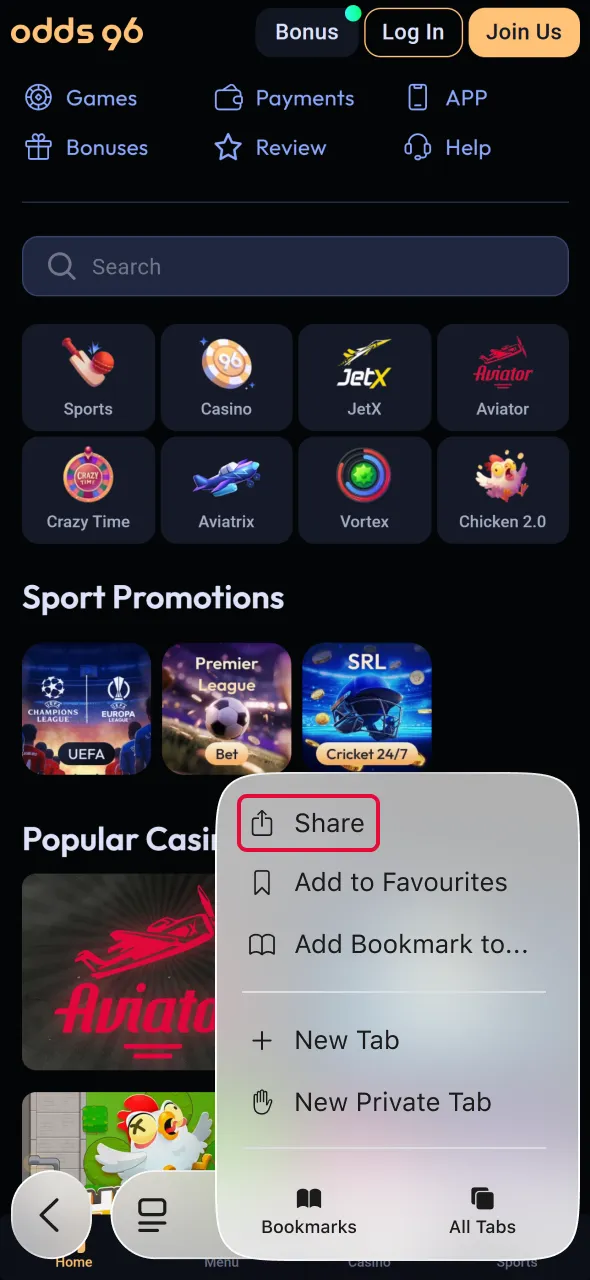 Tap the share button to continue Aviator installation on Odds96.
