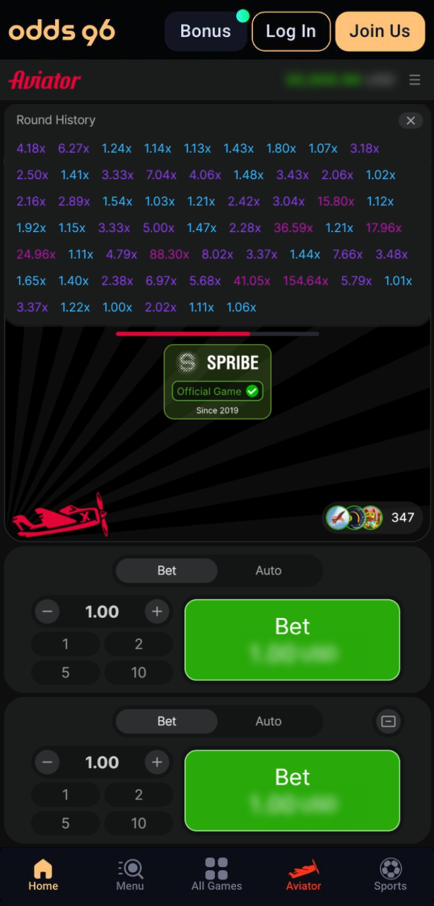 Track previous flight results in the Aviator round history at Odds96 India app.