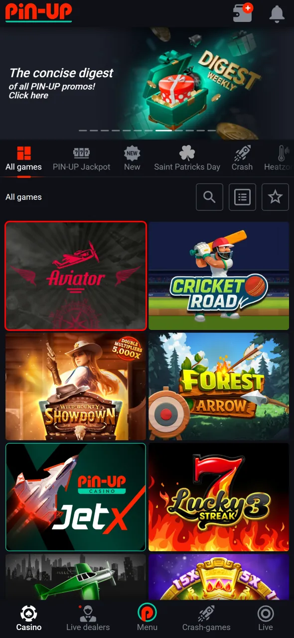 Launch Aviator from casino section and start playing on Pin-Up.