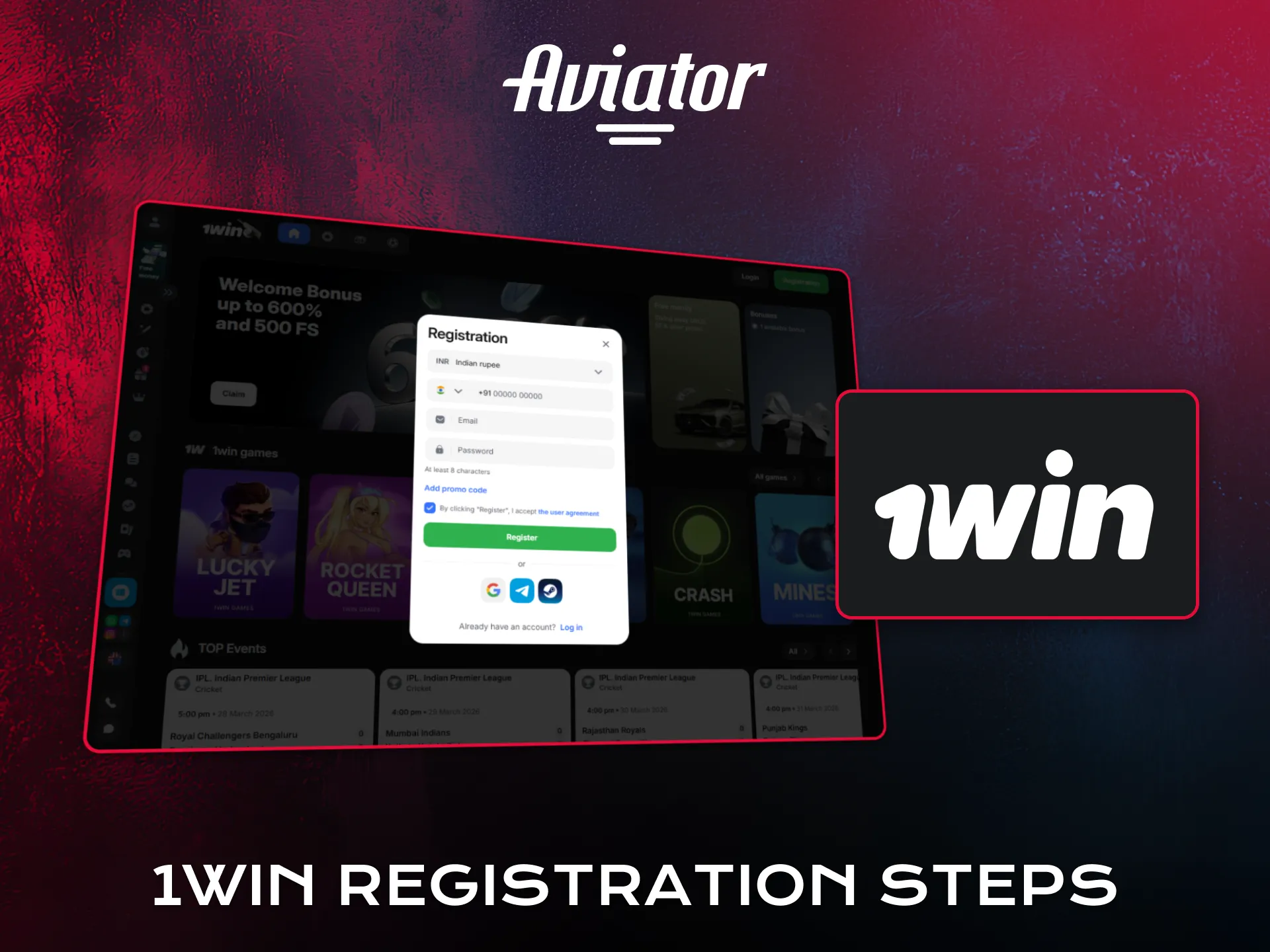 Follow 1win steps to register and access Aviator gameplay.