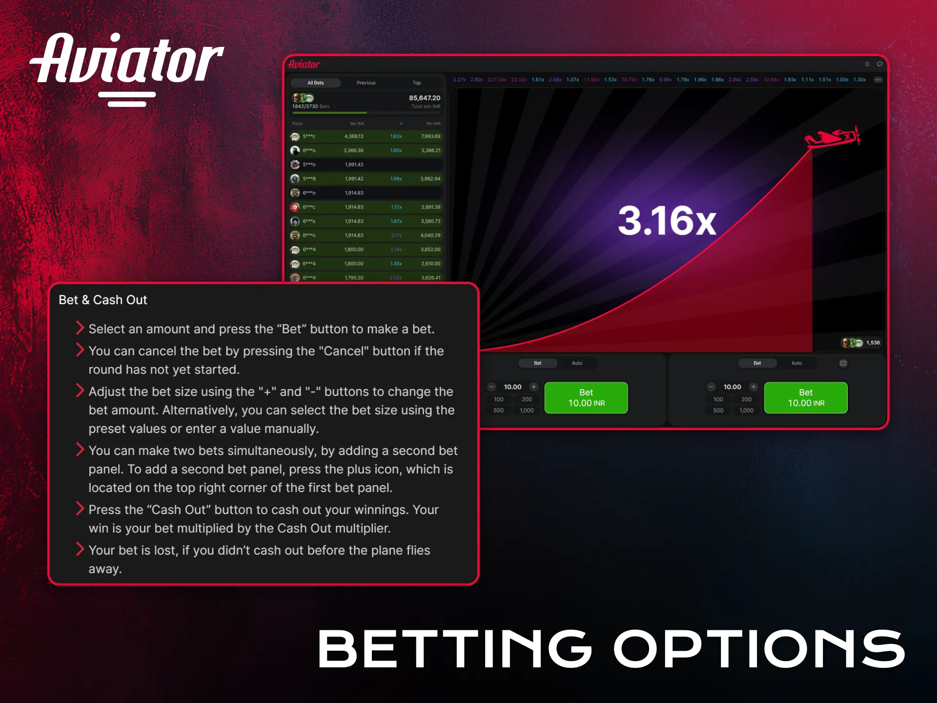 Review Aviator betting options to choose your preferred strategy.